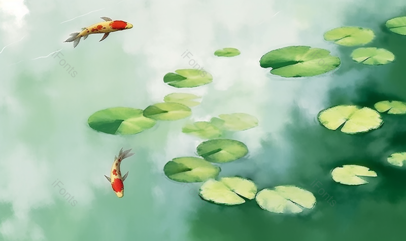 初夏绿色夏季池塘里荷叶和一群锦鲤背景,插画/手绘图,插画/手绘图库,插画/手绘图下载,插画/手绘